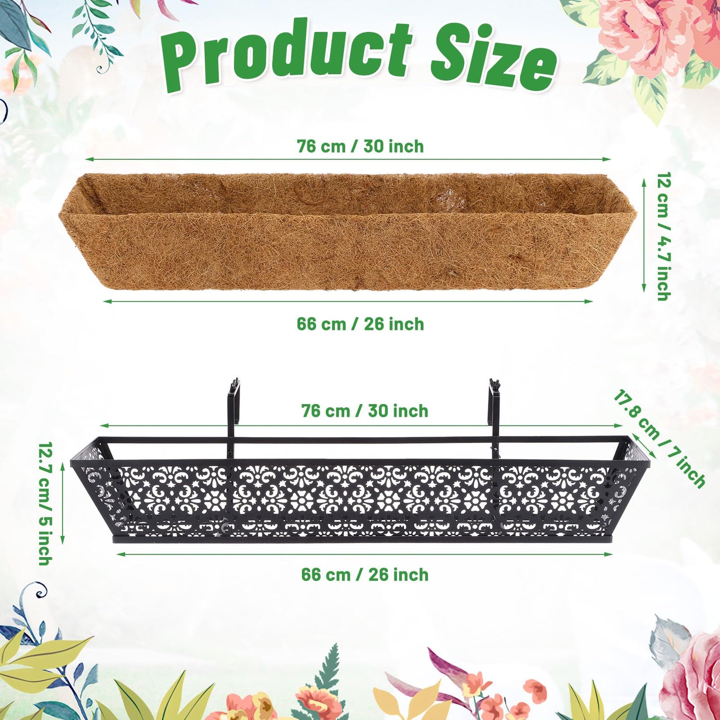Geetery 6 Pack Window Railing Planter 30 Inch Deck Black Metal Hanging Flower Planter Basket Window Boxes Railing Planter Basket with Coconut Liner for Patio Fence Porch Balcony(Vivid)