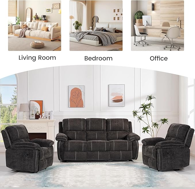 Betsy Furniture Modern Fabric Recliner Sofa Set, Loveseat w/Console, Recliner