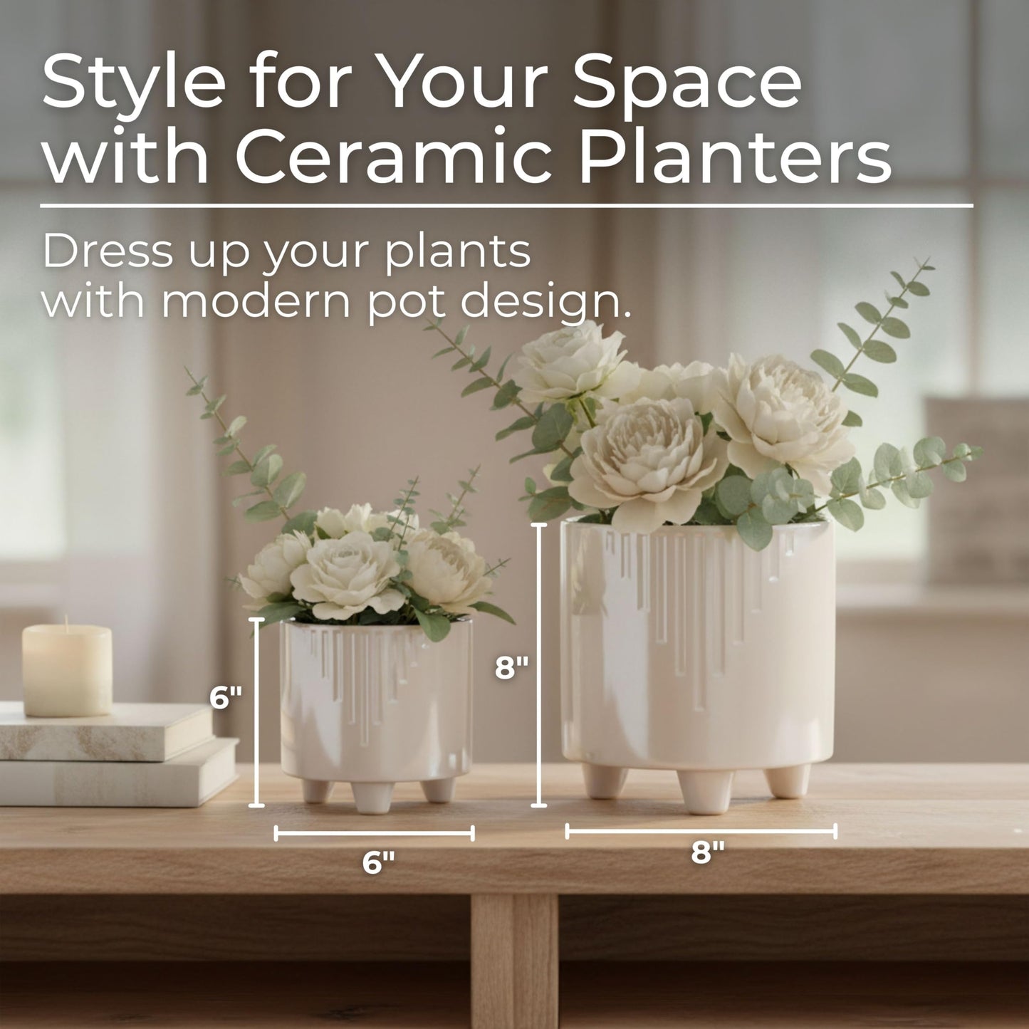 Set of 2 Iridescent Line Footed Planters with Ivory Accents – Ceramic Stoneware Outdoor & Indoor Plant Pot – Modern Garden & Home Decor Ceramic Planters – 6" & 8", Ivory