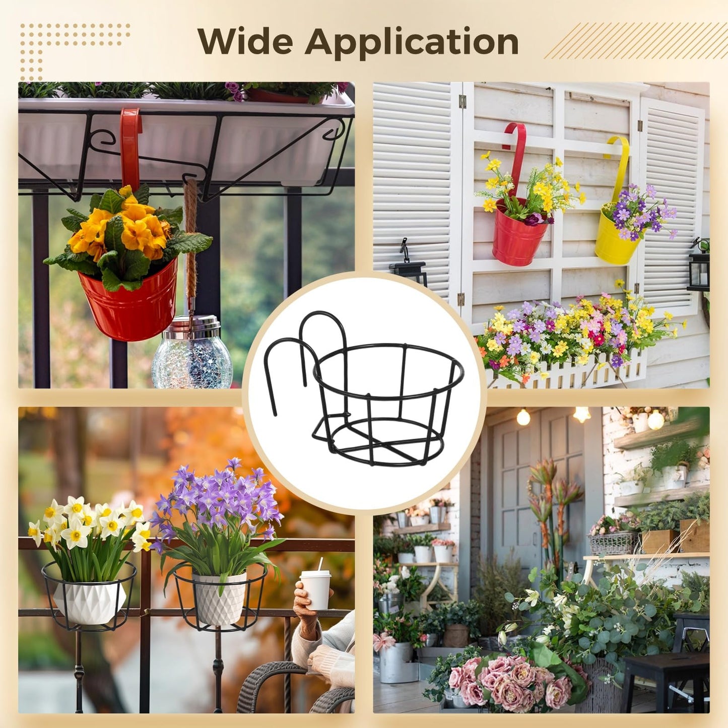 6 PCS Round Hanging Railing Planters, Hanging Flower Stand Iron Baskets, Hanging Planters for Outdoor Plants, Metal Rack Fence Shelf Plant Holder with Hooks for Balconies, Gardens, Indoor Spaces