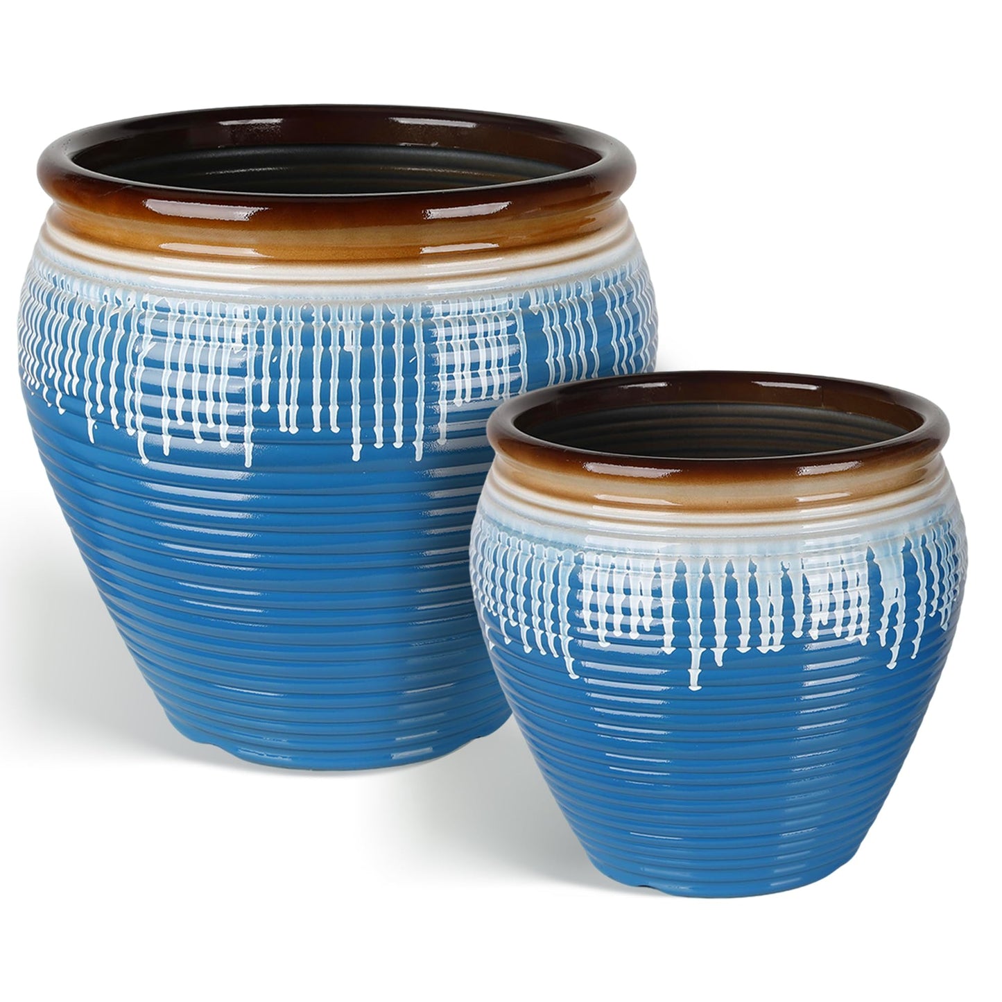 WORTH Clay-Pot-Style Plastic Planters Set of 2 (Large: 17"Dia x 16"H & Small: 13"Dia x 13"H), Blue-Glazed Plant Pot, Round Lightweight Flower Pots with Drainage Hole & Plug for Indoor & Outdoor Use