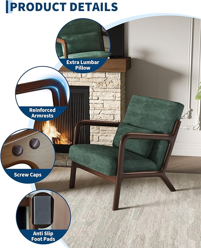Garvee Mid-Century Modern Accent Chair, Chenille Upholstery, Solid Wood Armchair