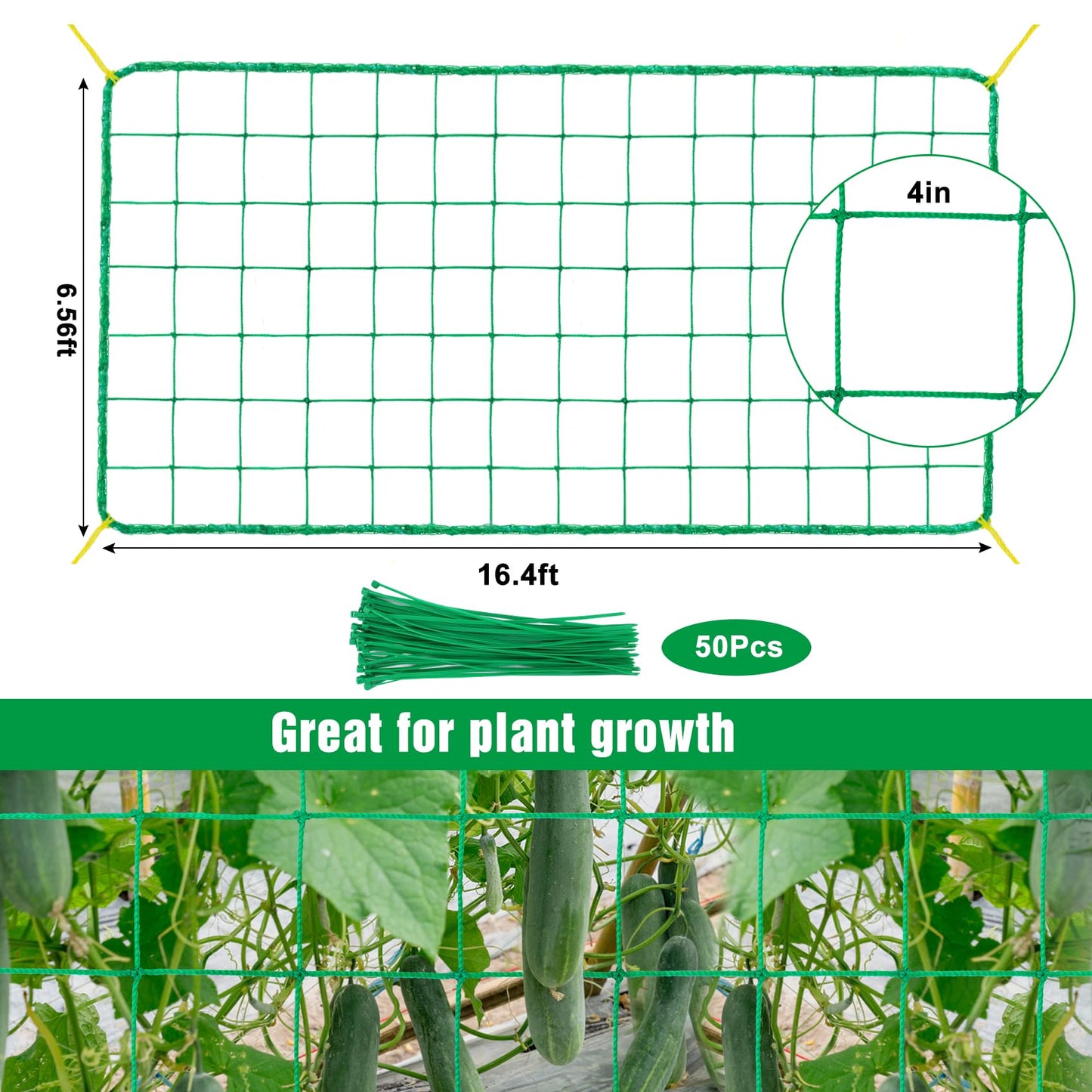 Unves Garden Trellis for Climbing Plants, 16.4 x 6.6 Ft Garden Trellis Heavy Duty Plant Net for Cucumber, Tomato, 27 Strands & 4x4 Inch Netting for Vegetables, Grapes, Bean