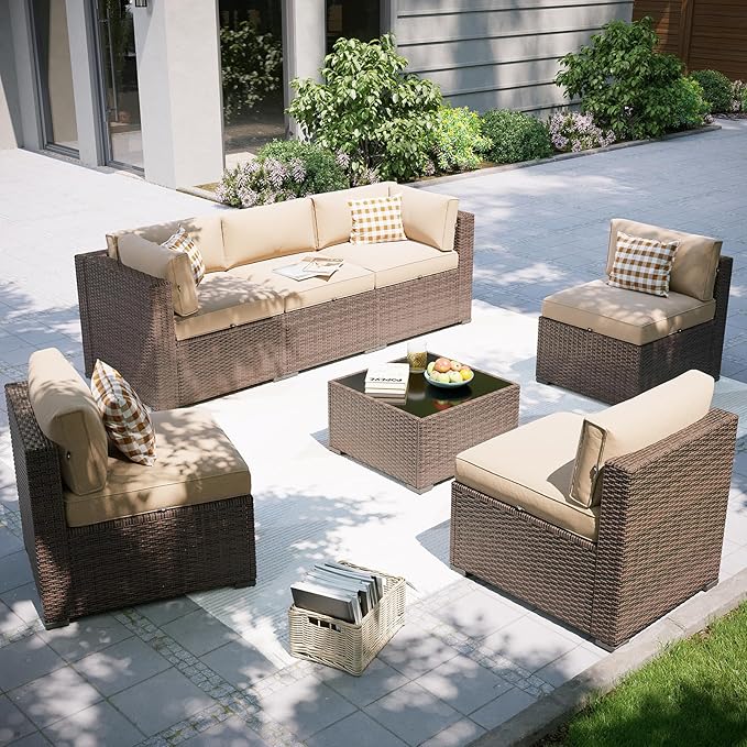 Aoxun Patio Furniture Set, 7 Piece Outdoor Sectional Sofas