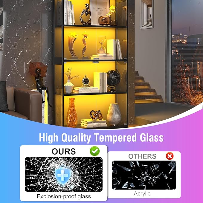 knoworld Display Cabinet with Glass Doors, 4-Tier Glass Display Case with 15mm
