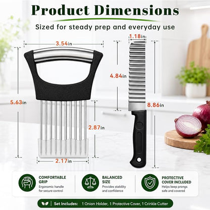 Onion Holder for Slicing & Crinkle Cutter Knife, 2 Piece Kitchen Prep Tool Set, Stainless Steel Onion Slicer Prongs, Wavy Knife, Potato Cutter for Fries, Tomato, Cucumber, Carrot