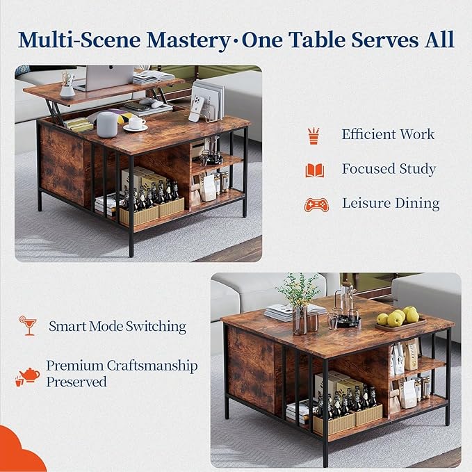 Coffee Table with Storage, Lift Top Coffee Table with Display Shelf and Hidden