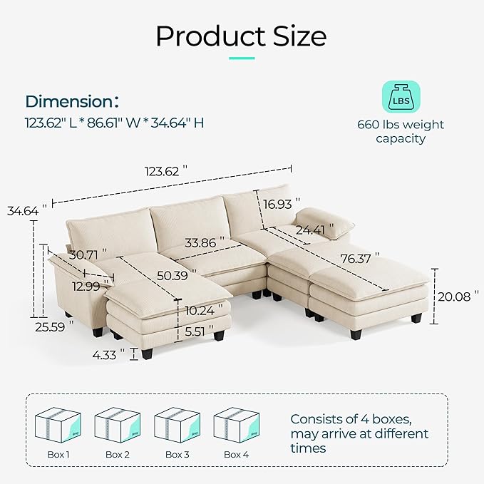 LINSY HOME 123" Modular Sectional Sofa, 3-Seat Corduroy Modern Cloud Couch