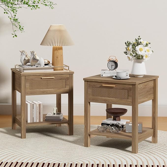 Rattan Nightstand Set of 2, Natural Style Night Stand