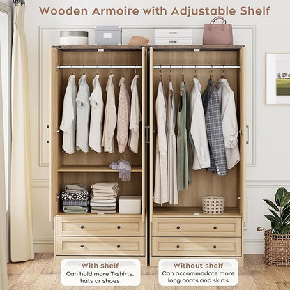 Brafab Armoire Wardrobe Closet with 2 Modern Doors Set of 2, 71" Tall Freestanding Closet Wardrobe Cabinet with Drawers and Hanging Rail, Wooden Storage Cabinet with Shelve for Bedroom, Natural