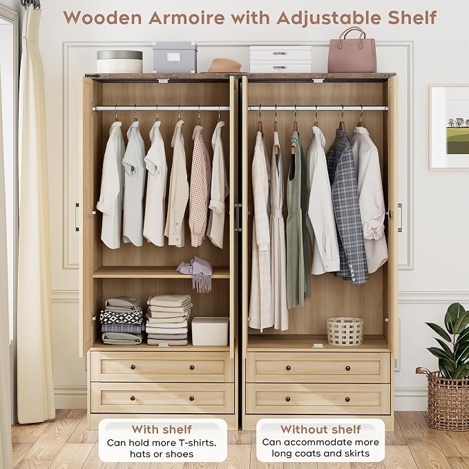 Brafab Wooden Armoire Wardrobe Closet with 2 Modern Doors, 71" Tall Freestanding Closet Wardrobe Cabinet with Drawers and Hanging Rail, Storage Cabinet with Shelve for Bedroom (Natural, 2 Doors)