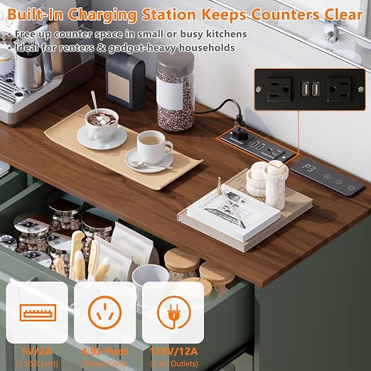 Double 10 Gallon Tilt Out Trash Can Cabinet with Deodorizing Function and Power Outlet, Wooden Hidden Garbage Can Holder with 2 Storage Drawers for Kitchen, Laundry Hamper Cabinet for Bathroom, Green