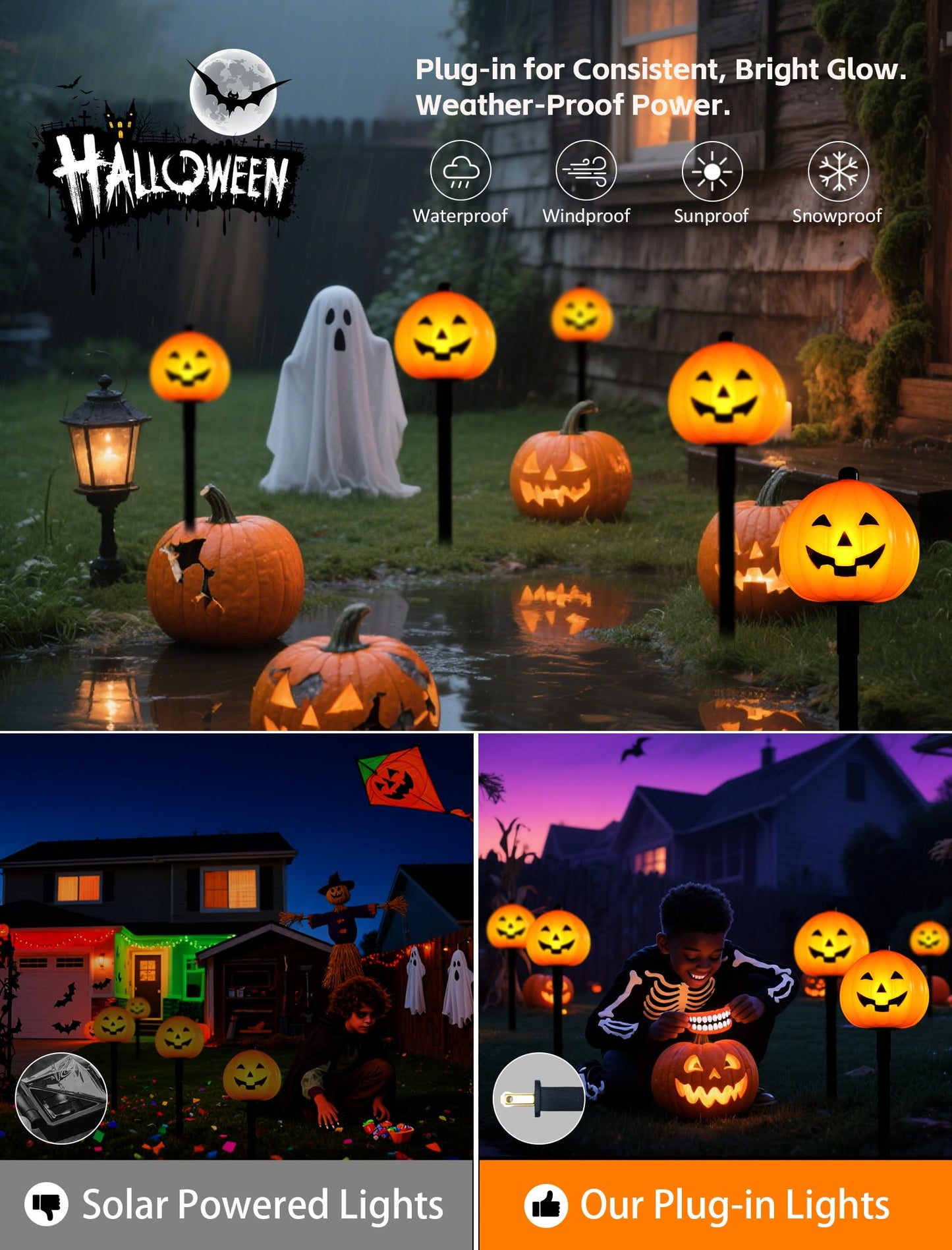 Classic Halloween Charm: 5 Pack Plug-in Pumpkin Pathway Lights Outdoor, Waterproof Jack o' Lantern Garden Stakes with Warm C7 Bulbs for Walkway & Yard Decor
