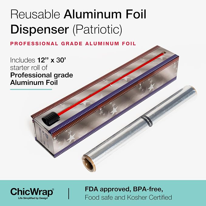 ChicWrap® Patriotic Refillable Aluminum Foil Dispenser - Includes One 12" x 30' roll of Professional Grade Aluminum Foil - BPA Free and Kosher Certified - Reusable Dispenser w/Slide Cutter