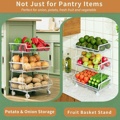 OKZEST Pantry Organizers and Storage Cart with Upgraded Metal Hub Casters | Fits under pantry shelf, stackable fine-mesh wire baskets, 3-tier rolling cart holds drink, snack, can, potato, onion, fruit