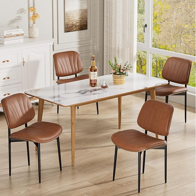 REONEY Dining Chairs Set of 4, Mid-Century Modern Upholstered PU Leather Chairs