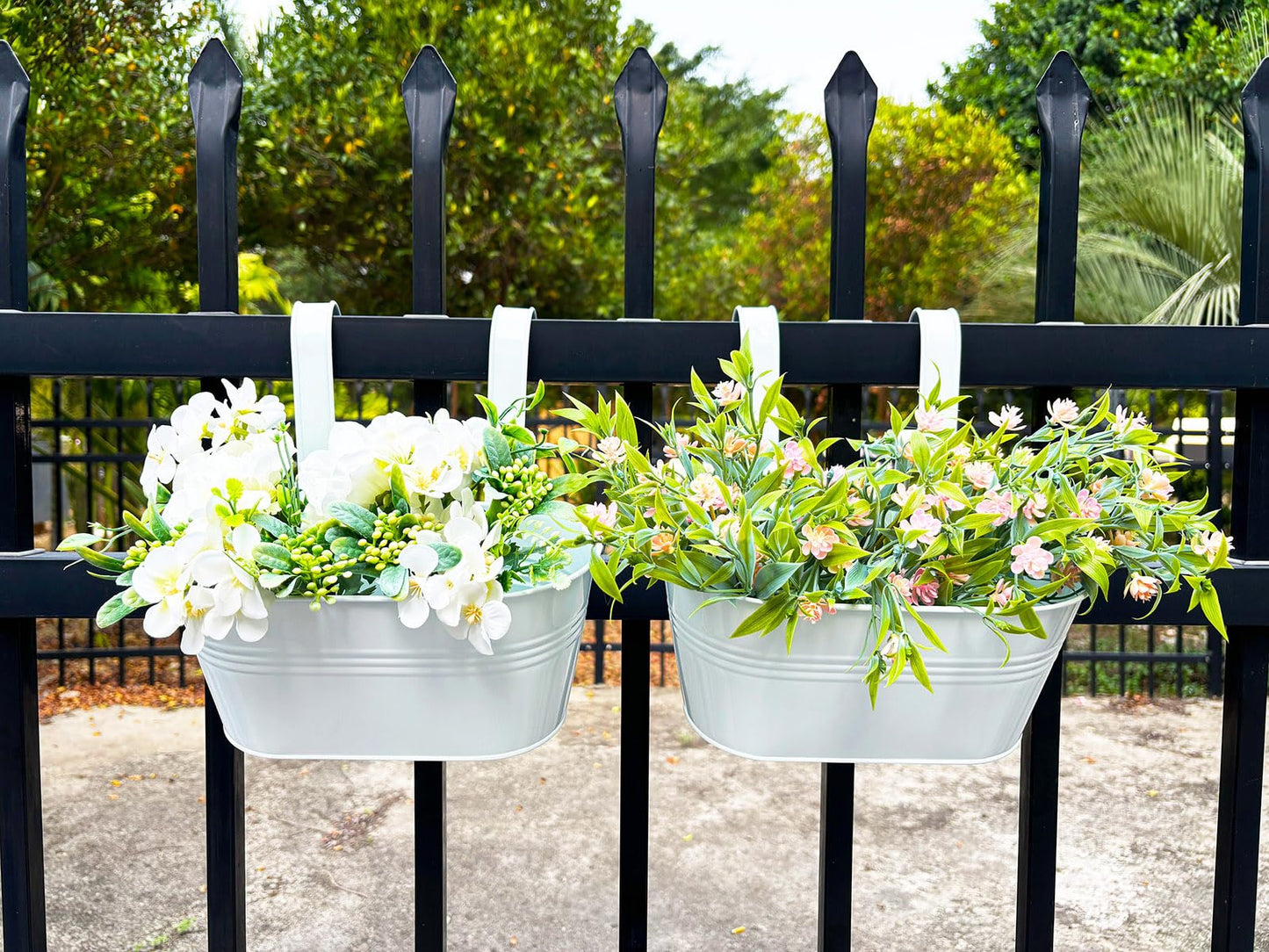 Joyfernal 10" Hanging Flower Pots, Pack of 2 White Metal Outdoor Patio Balcony Planter, Railing Planters Fence Pot with Detachable Hook & Drainage Hole for Small Plants (White, 2Pcs)