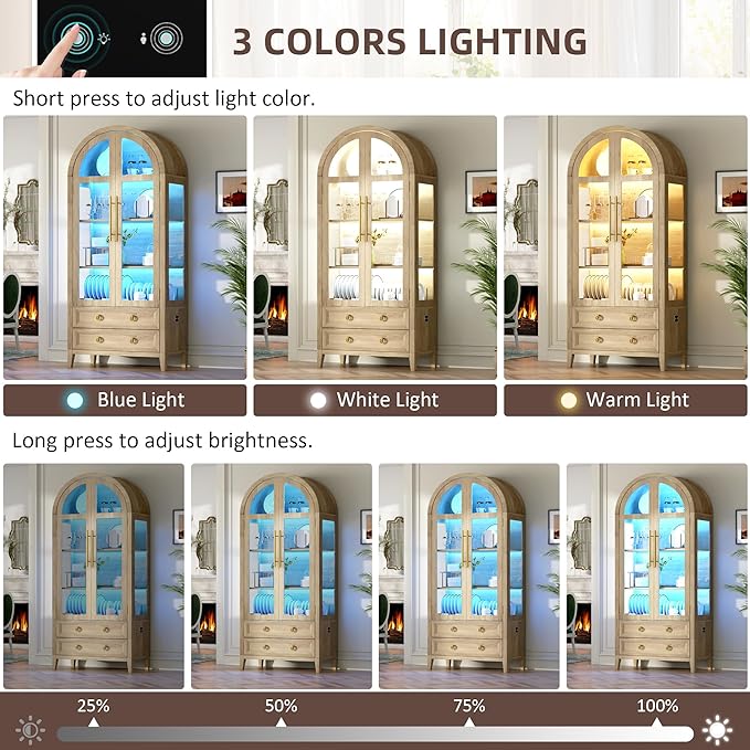 Arched Curio Cabinet with Glass Doors, 4-Tier Display Cabinet with 2 Drawers