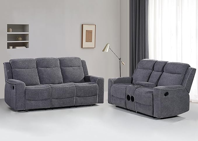 Betsy Furniture Soft Microfiber Manual Reclining Sofa Set, Sofa w/Dropdown Table