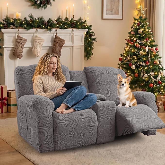 Recliner Loveseat Covers with Console, 6-Piece Stretch Geometric Strokes