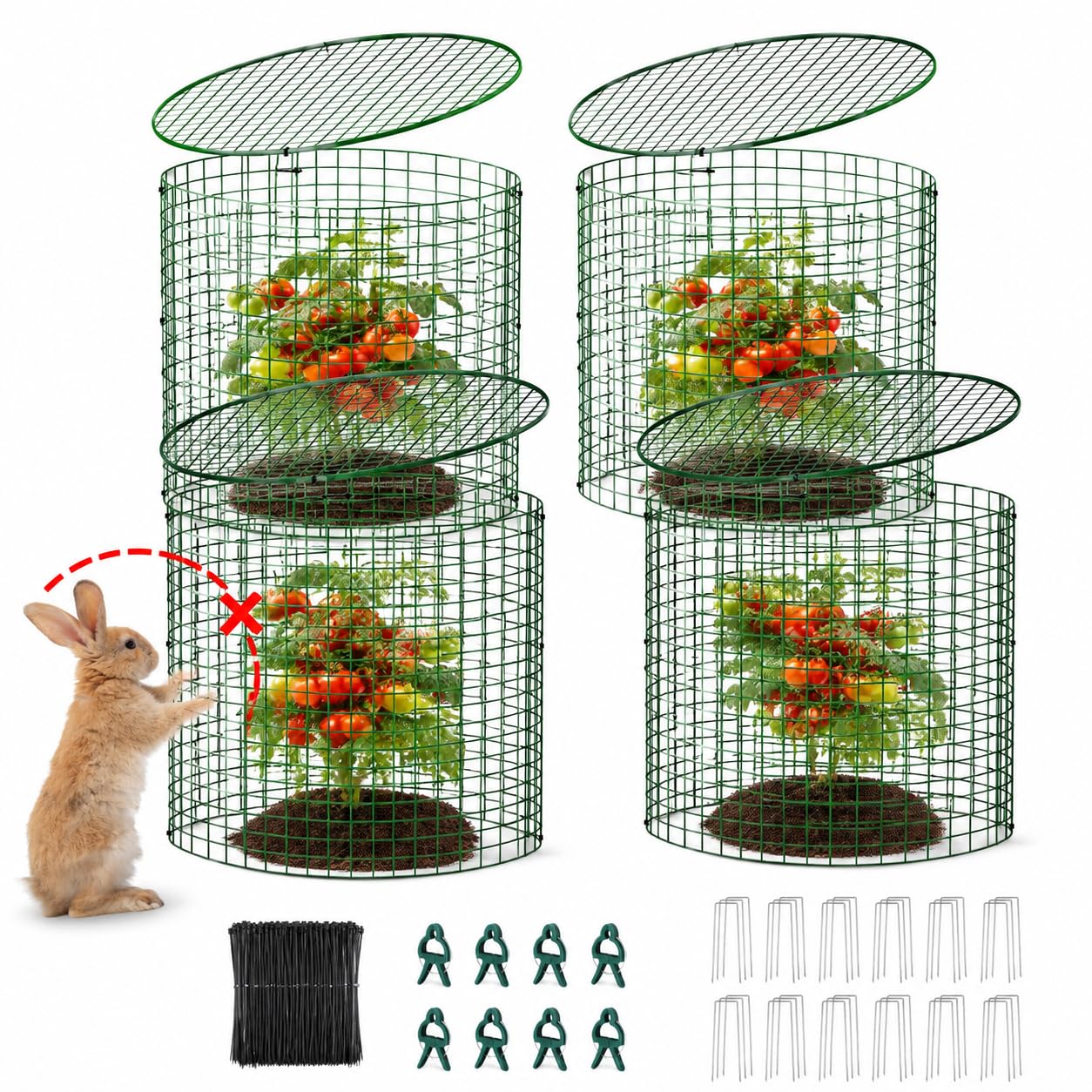 Plant Protectors from Animals 12 x 12 in Metal Chicken Wire Cloche Plant Cages for Outdoor Plants, Garden Fencing Animal Barrier with Detachable Dome Lid, Stakes & Zip Ties (4 Pcs)