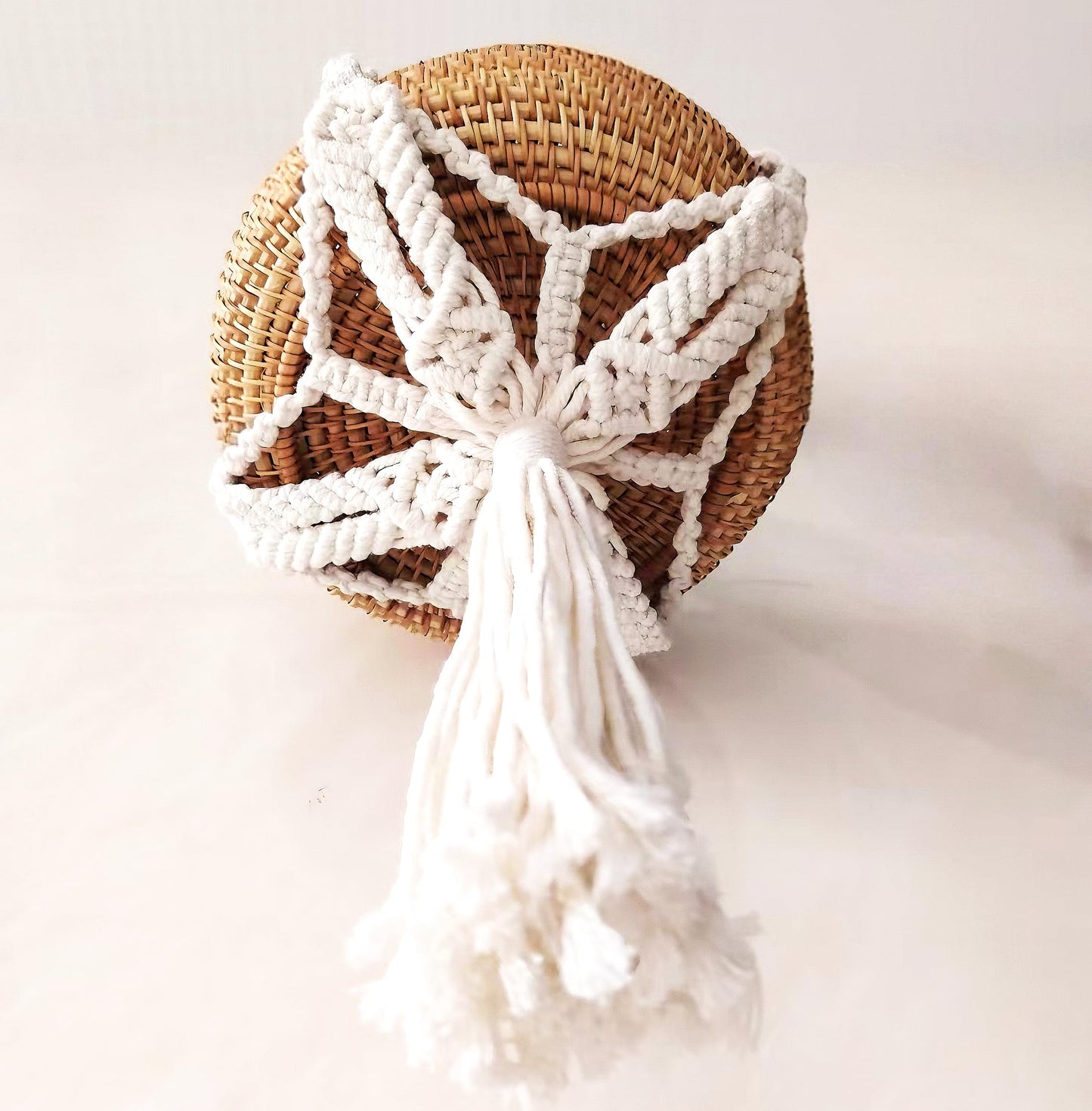 chicapica 8.7" Woven Macrame Plant Hanger & Hanging Rattan Basket - Boho Decorative Wall Basket for Indoor Plants & Dried Flowers - Handmade Wicker Storage for Farmhouse Home Decor, Living Room