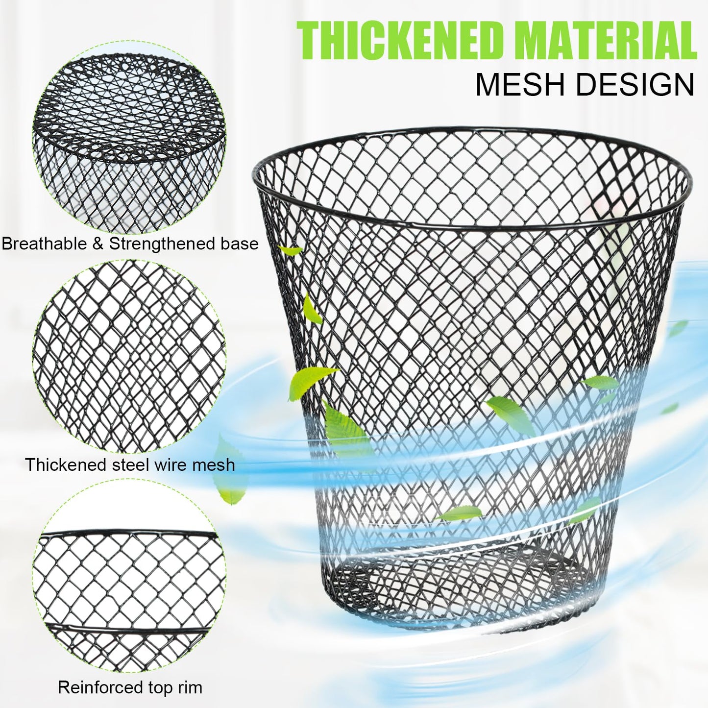 10 Pack 9 inch Round Waste Basket,Wire Mesh Desk Metal Trash Garbage Can Wastebasket Recycling Black Trash Bins Garbage Container for Bedroom Office School Kitchen Home Living Room Bathroom