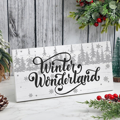 Yousoontic Winter Wonderland Wood Box Sign Plaque White Farmhouse Winter Wooden Christmas Decor Table Decor 12 x 6 Inch Rustic Christmas Tree Block Sign for Holiday Table Home House Kitchen
