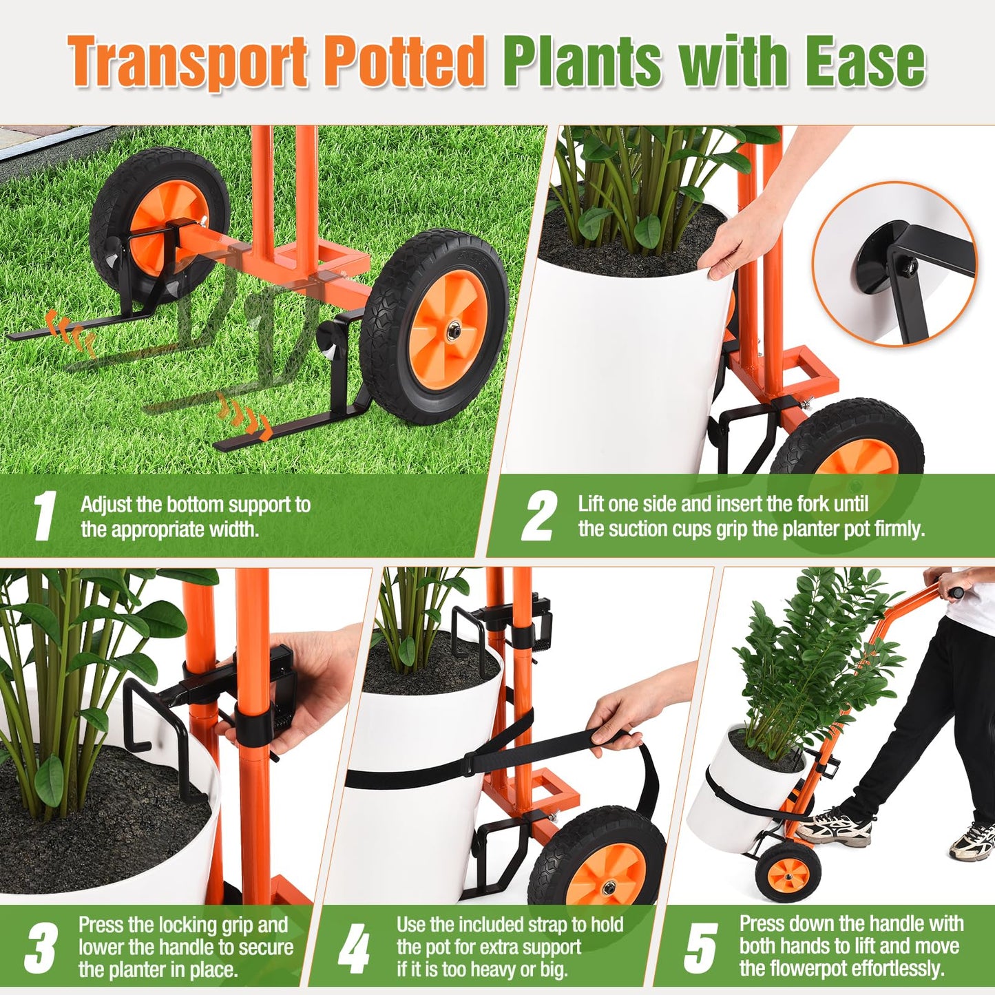 Plant Caddy with Wheels, Heavy Duty Plant Mover Cart with Adjustable Grabbing Arm and Strap, 175 LBS T-Handle Plant Dolly with Suction Cups for Plant Pots Garden Pot Trolley Indoor Outdoor Use, Orange