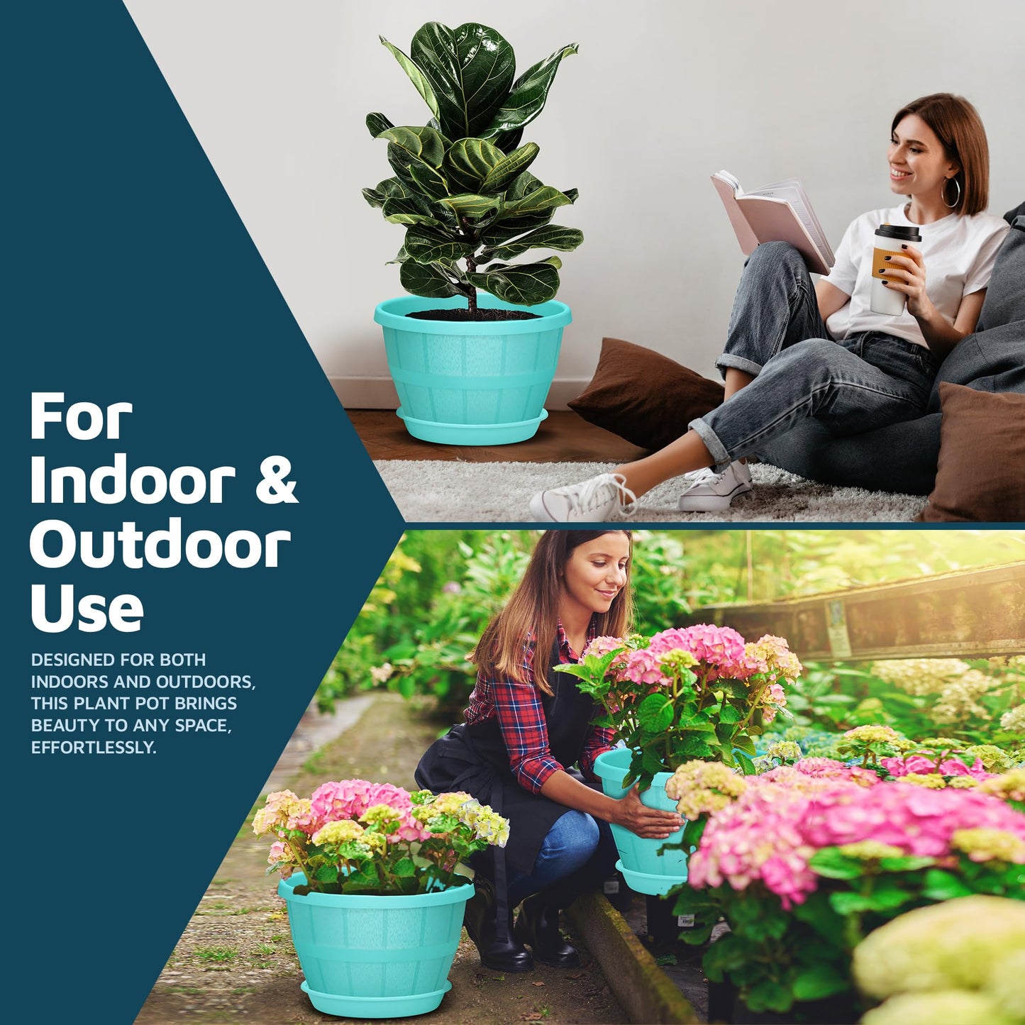 10-Inch Whiskey Barrel Planters Outdoor Pack of 25 - Durable Plastic Plant Pots for Indoor & Outdoor Use with Drainage & Saucer, Lightweight Rustic Barrel Planters for Flowers, Herbs & Small Plants