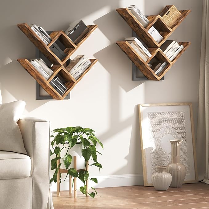 HOOBRO Floating Shelves for Wall, 2-Tier Wooden Tree Bookshelf, Hanging Shelves