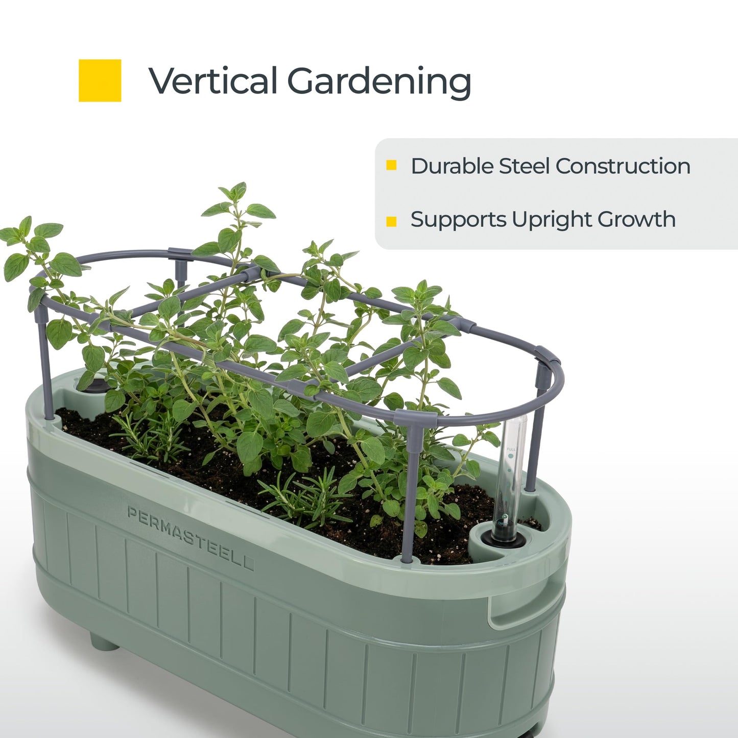 Permasteel Herb Garden Planter with Trellis Support, Self-Watering System with Water Level Indicator, Fits Multiple Herb Plants, for Basil, Flowers, Succulents, Indoor & Outdoor, Green