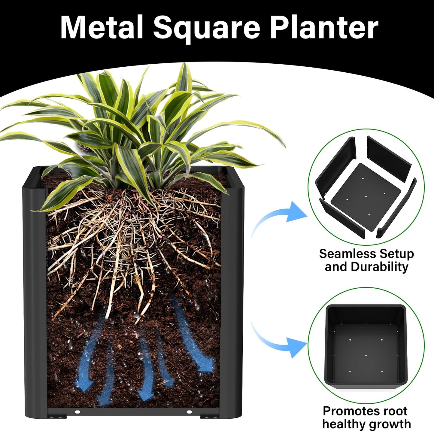 BHCORTEN Large Metal Square Planter 24" L x 24" W x 24" H, Heavy Duty Black Large Outdoor Planters with Drainage Hole for Porch/Patio/Garden