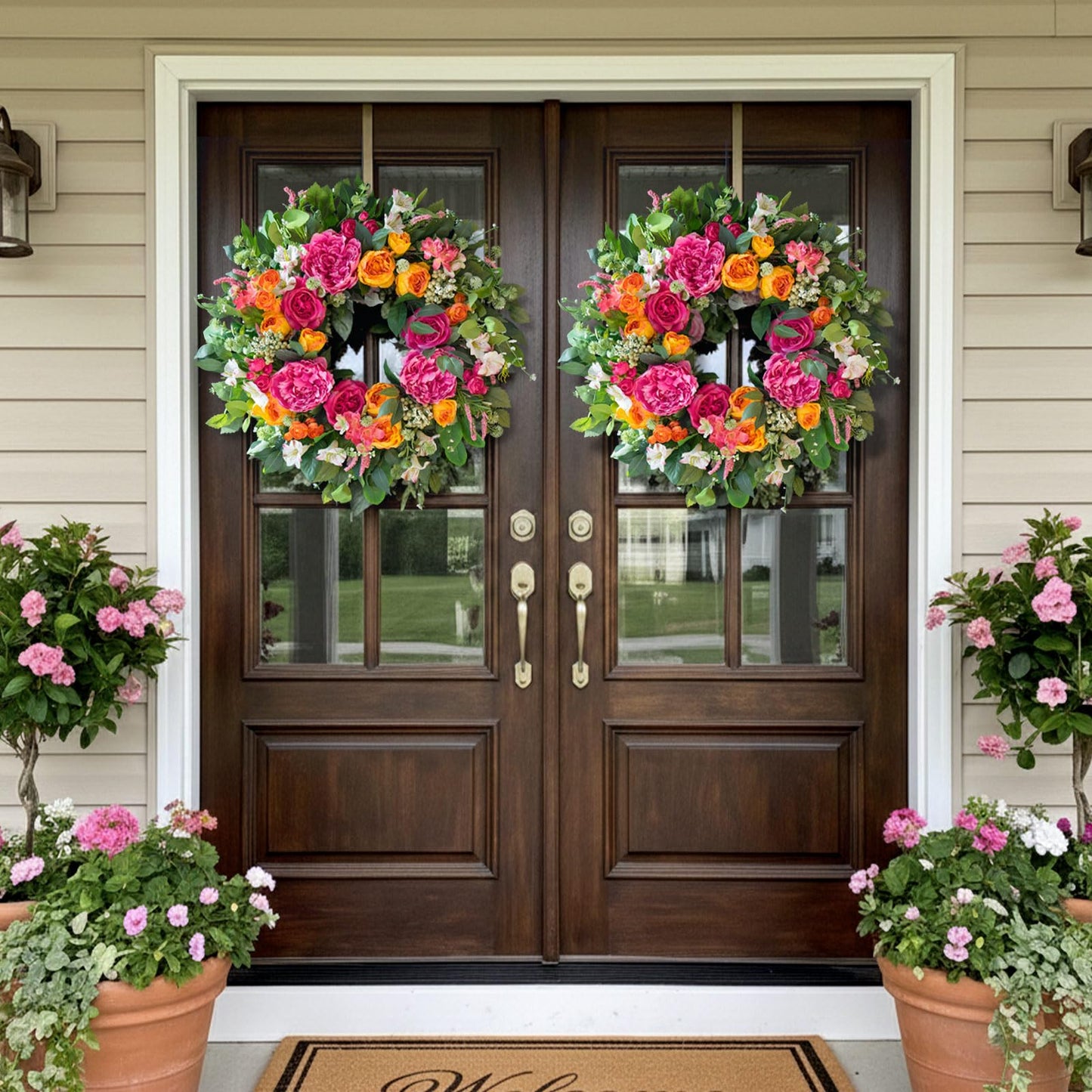 CHvista 24 Inch Spring Wreaths for Front Door Outside,Handcrafted Garden Rose & Peony Style Summer Wreath with Pink,Orange Ivory Flowers- Lush Spring Door Wreath for Farmhouse Home Wall Porch Window