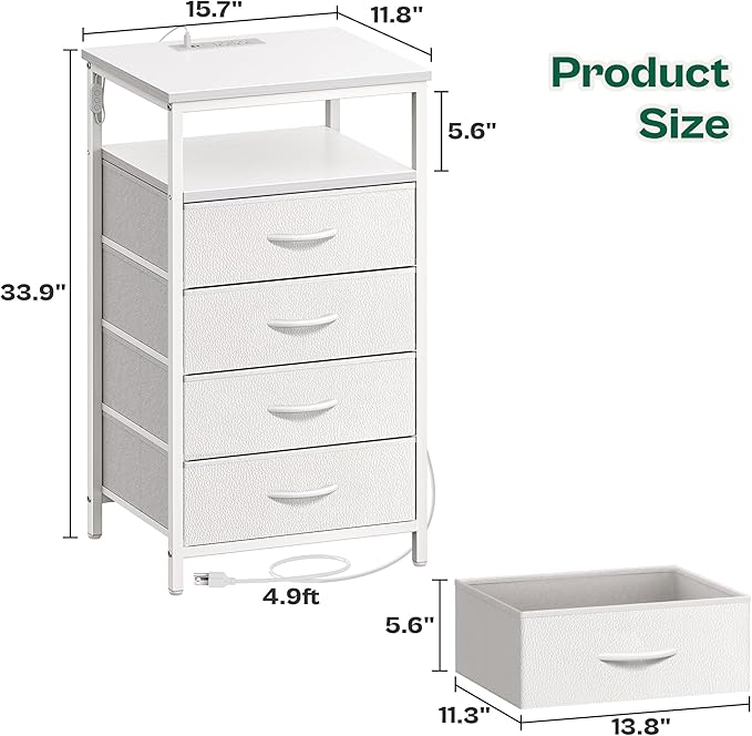 Huuger Night Stand with Charger Station and LED Lights, 4 Drawer Nightstand