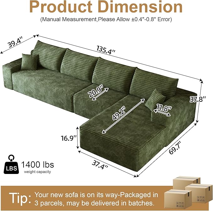 136" Sectional Couches for Living Room Cloud Couch Sofa