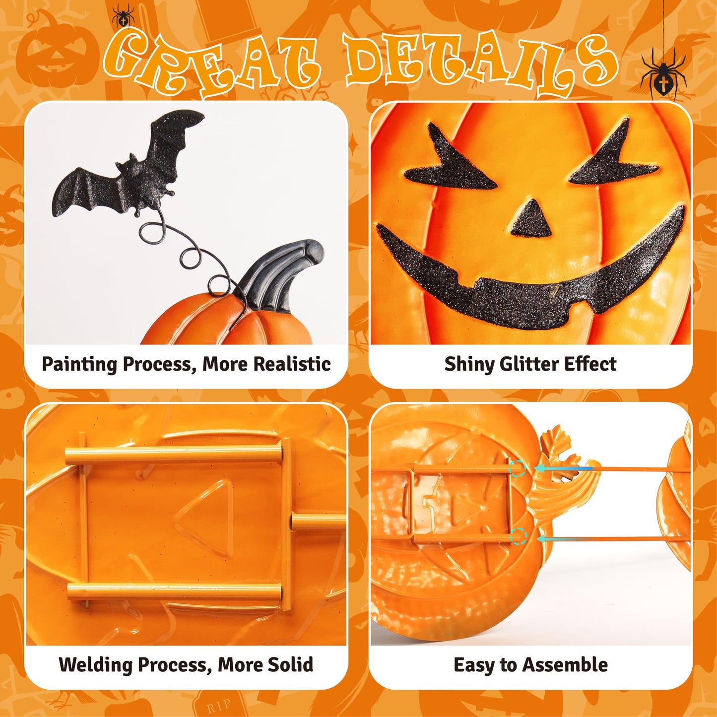 CAMATET Halloween Metal Pumpkin Yard Stakes, Stackable Pumpkin Signs Garden Stake with Witch Door Hanging, Outdoor Halloween Decorations for Lawn Party (Set of 3, Style B)