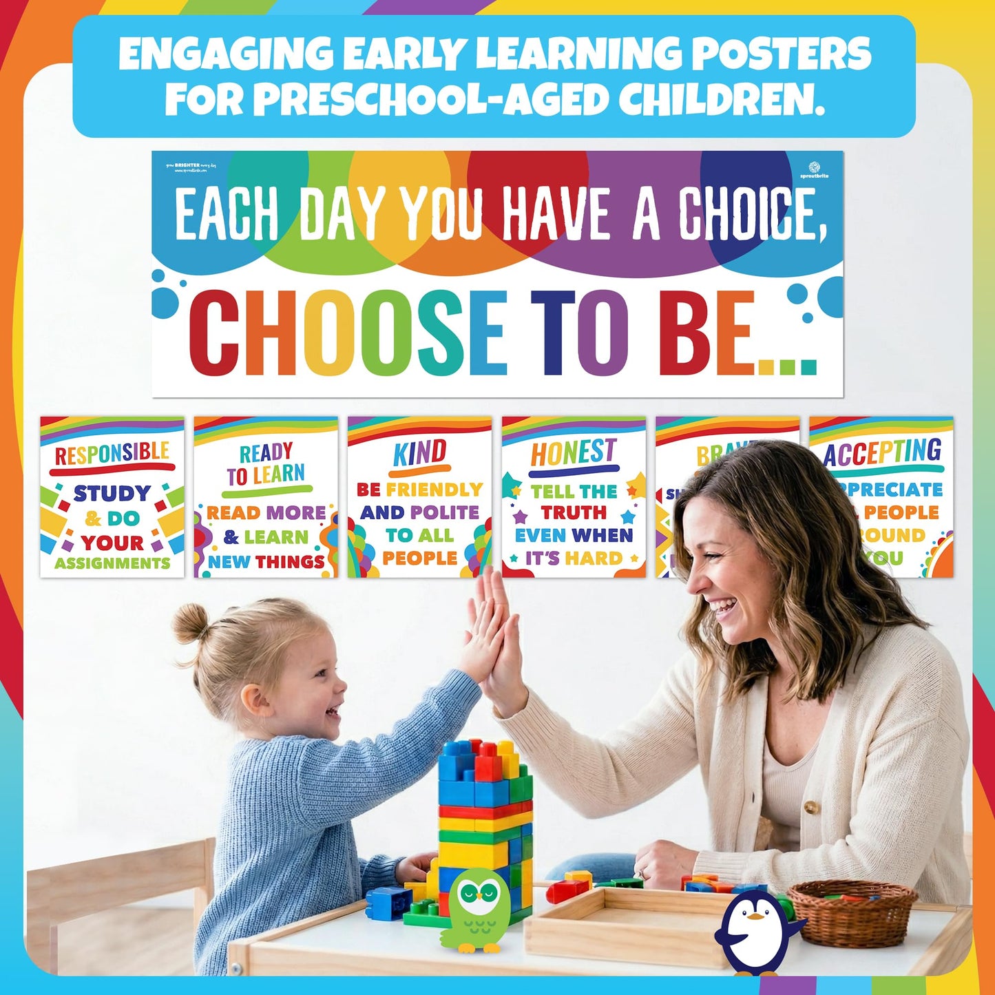 Sproutbrite 7 Educational Posters & Charts - 1 Big Banner 13.5" x 39" and 6 Smaller 12" x 13.5" - Kindness Posters – Motivational Chart and Wall Decor for Pre, Elementary and Middle School - Encourages Positive Choices and Character Development
