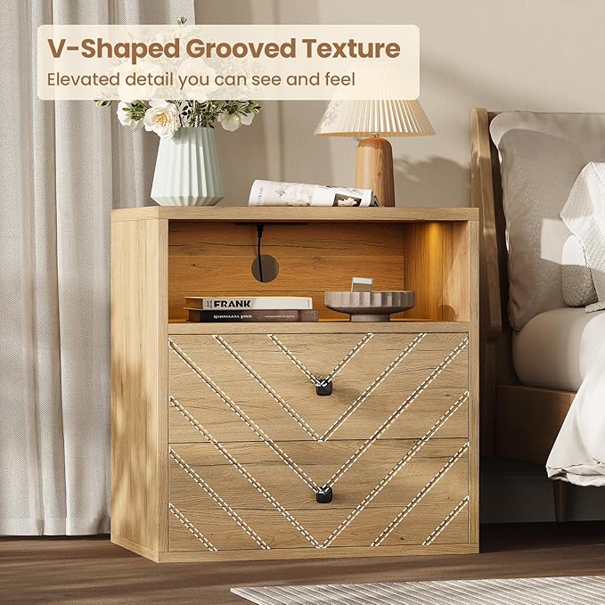 Modern Nightstand with Charging Station, LED Bedside Table with 2 Storage