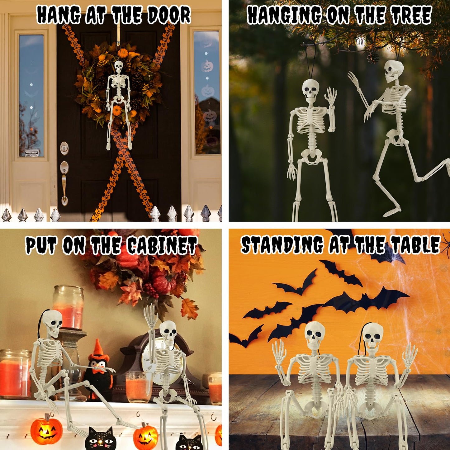 4 PCS 16'' Halloween Decor for Outdoor Graveyard Yard,Small Posable Plastic Skeletons Decorations for Tree Lawn Window Office Desk,Halloween Party Supplies,Scary Skull Hanging Props for Haunted House