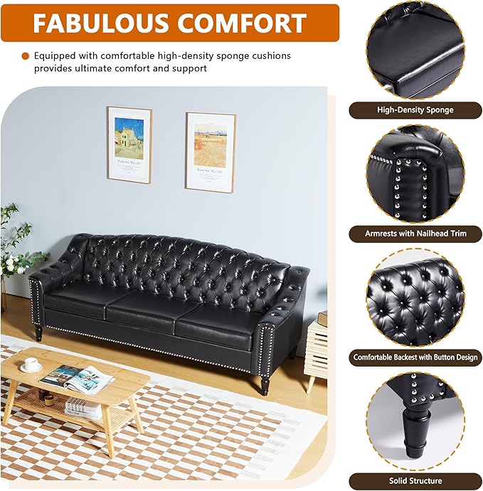 LEVNARY Mid-Century Modern Leather Couch, Chesterfield Sofa Sleeper Settee