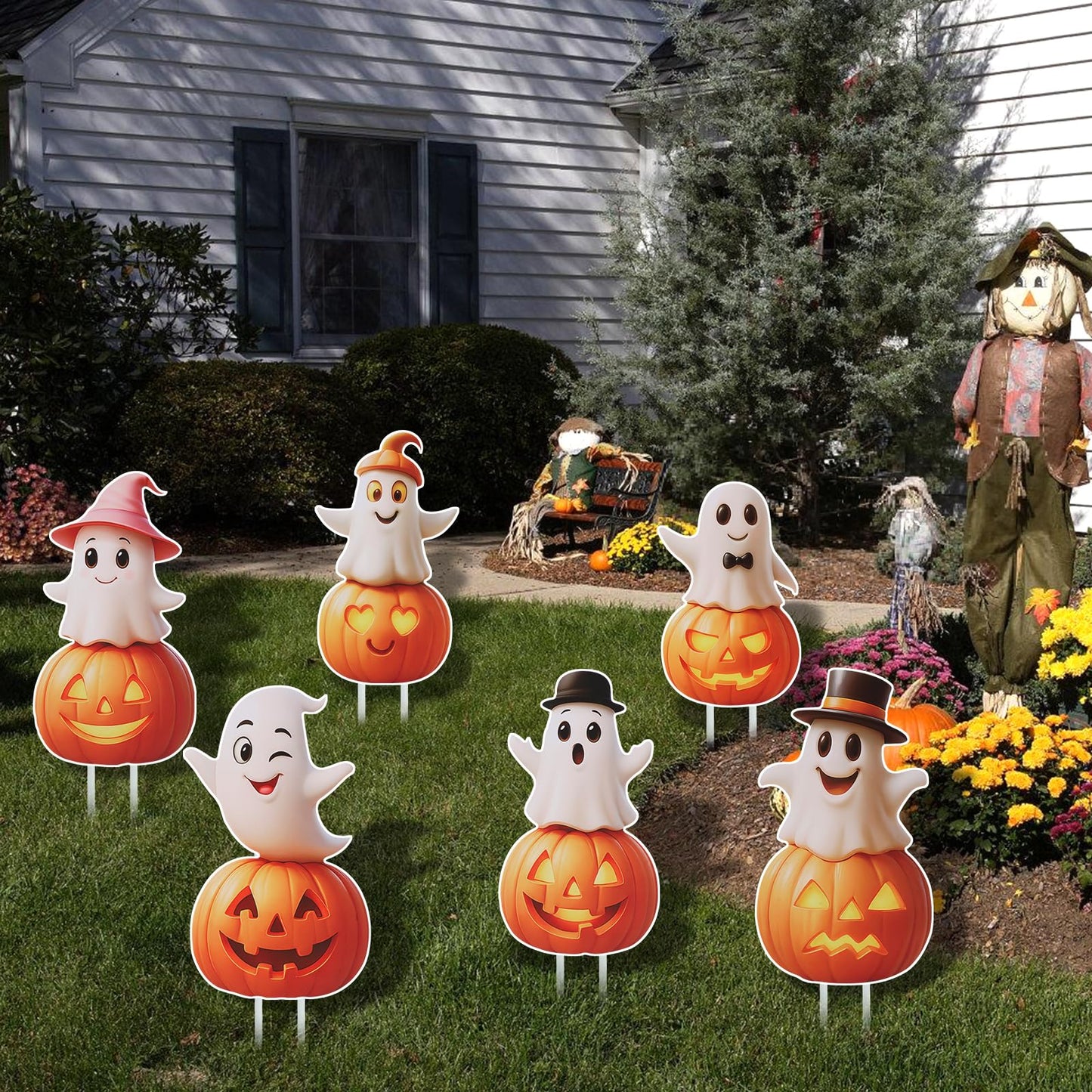 Outdoor Halloween Yard Signs, 6 PCS Cute Pumpkin Ghost Halloween Yard Stakes Kids Friendly for Lawn Garden Outside Home Decor