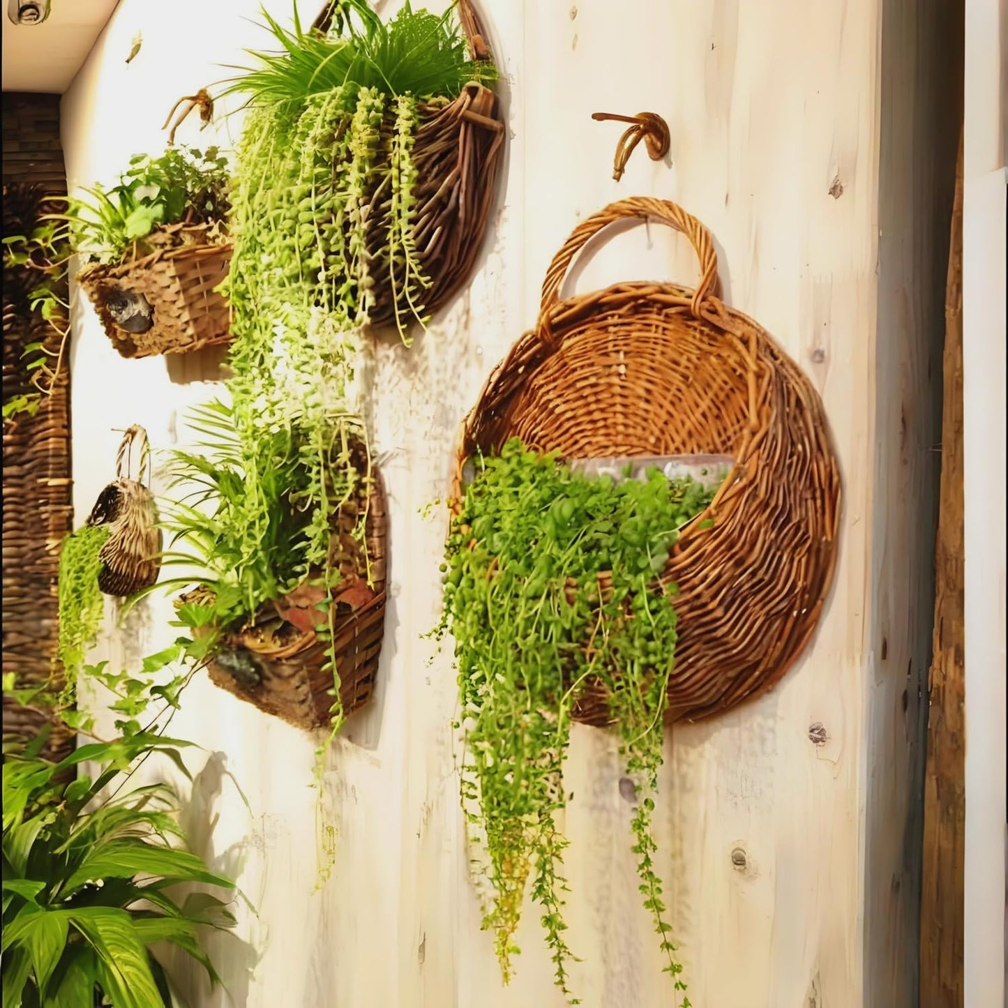 QRZLP Wall Hanging Flower Basket, Handmade Wicker Hanging Basket for Plant Wall Mount Rattan Chlorophytum Comosum Hanging Basket for Front Door, Home, Garden. (S)