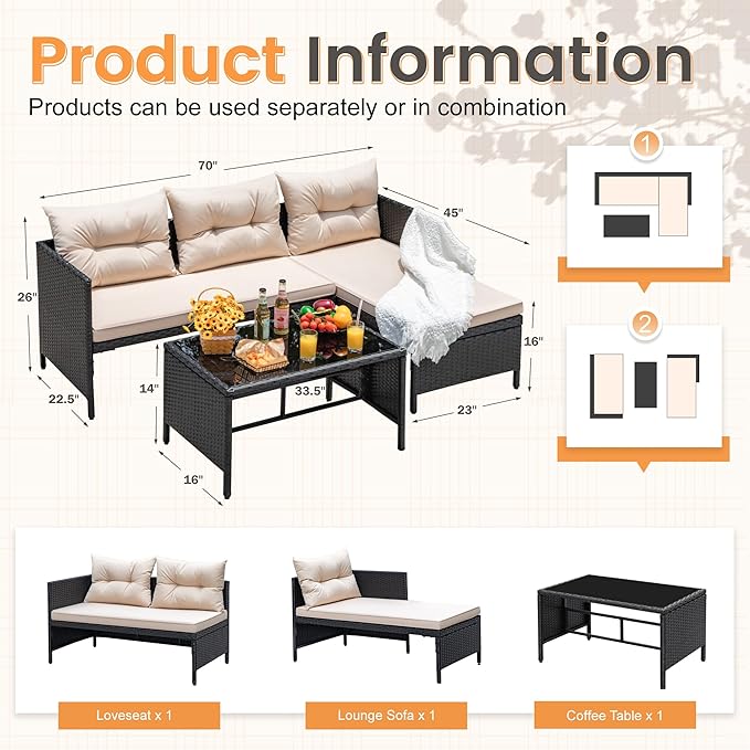 Devoko Outdoor Patio Furniture 3-Piece Rattan Waterproof Outdoor Sectional Sofa