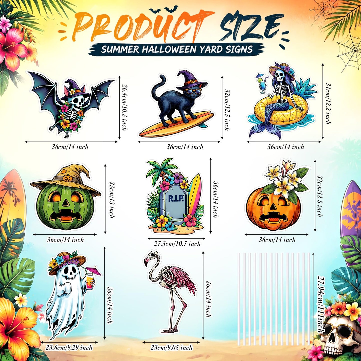Mifoci 8 Pcs Summer Halloween Decorations Large Summer Halloween Yard Signs Waterproof Tropical Spooky Garden Stakes for Outdoor Lawn Beach Themed Party Holiday Display