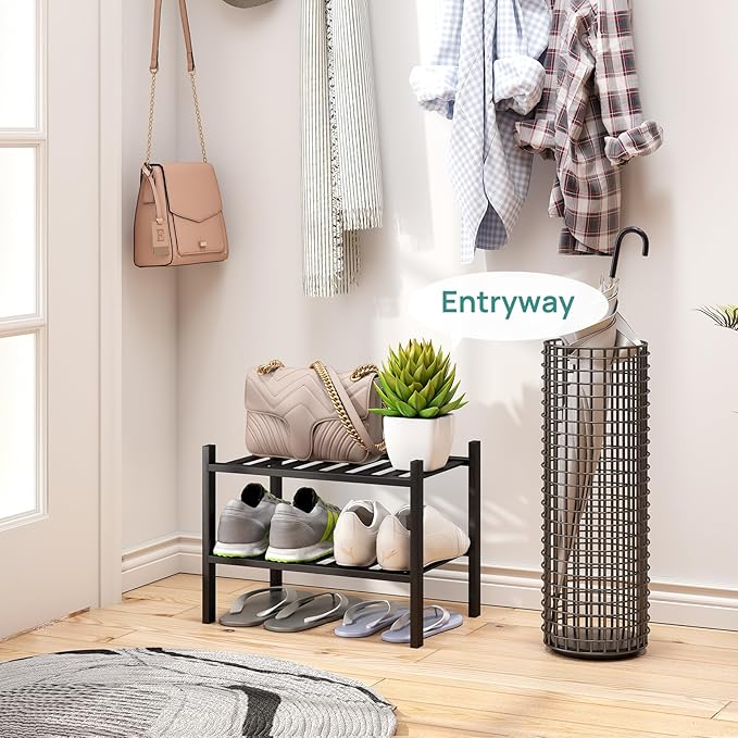 viewcare Black Small Shoe Rack for Entryway, 2-Tier Bamboo Shoe Organizer for
