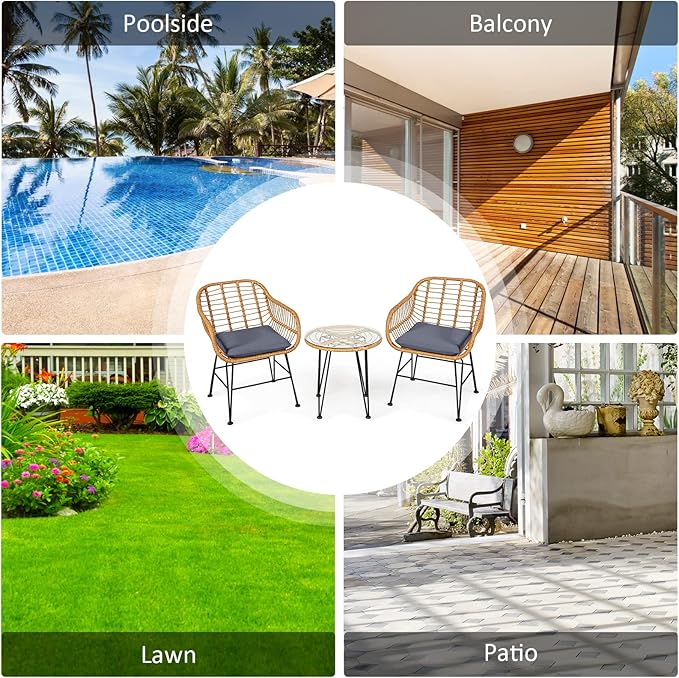 Tangkula 3 Pieces Patio Bistro Set, Rattan Conversation Set