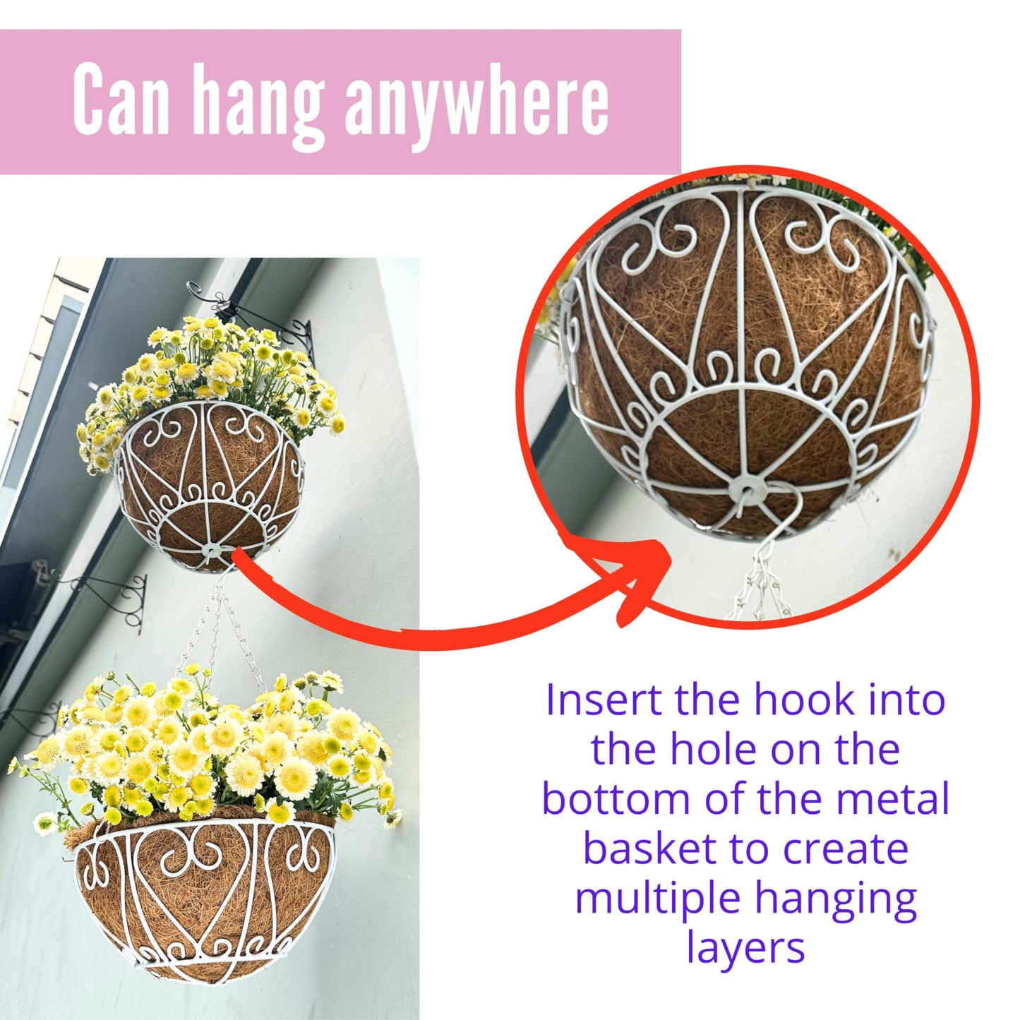 LaLaGreen Hanging Baskets for Plants (2 Pack, 10 Inch) Small Hanging Flower Pots with Coco Liner, White Metal Wire Round Plant Holder with Hanger Hook Chain Outdoor Deck Patio Balcony Garden Decor