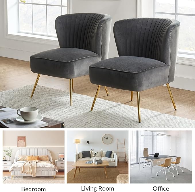 HULALA Home Velvet Accent Chair Set of 2, Modern Armless Upholstered Side Chair