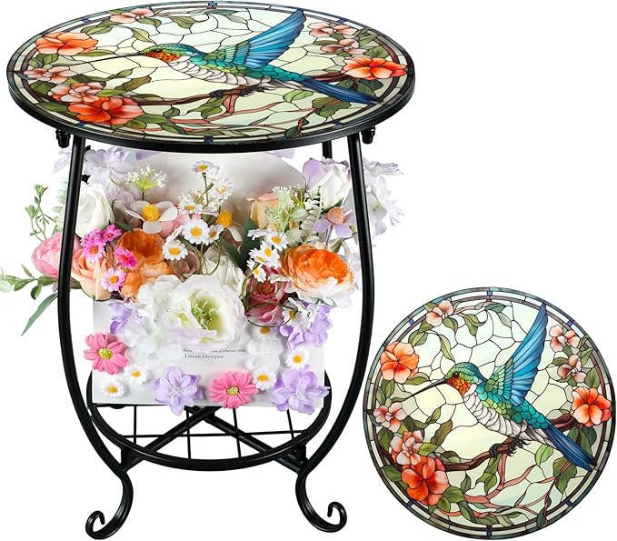 Cinnvoice Outdoor Side Table Round Small Mosaic Patio Accent Indoor End Plant